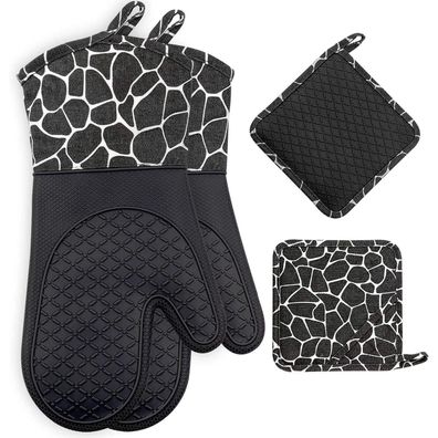 Topfhandschuhe Set Silikon/Baumwolle hitzebeständig 1 Paar+2 Topflappen Schwarz