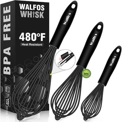 Walfos Schneebesen Set Silikon 21cm 23cm 28cm Edelstahl Rührbesen Schwarz