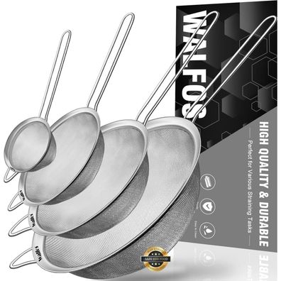 Walfos Feinmaschsieb-Set Edelstahl mit verstärktem Rahmen Griff Gemüse Pasta Tee