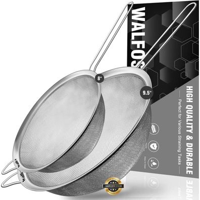 Walfos 2er-Set Großes Extrafeines Edelstahlsieb 20cm+24cm mit Griff