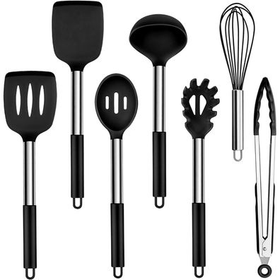 Homikit 7-teiliges Silikon Küchenutensilien Set mit Edelstahlgriff, Schwarz
