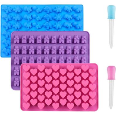 3er Set Silikon-Schokoladenformen Gummibärchen Herz Dinosaurier mit 2 Pipetten