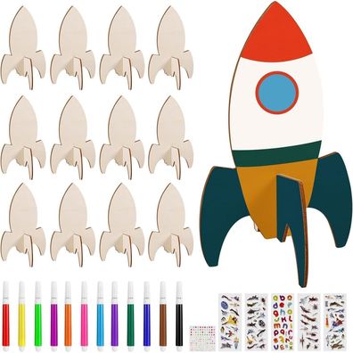 Heyu-Lotus 12 Stück Holz Raketen Bastelset DIY für Kinder Malen & Basteln