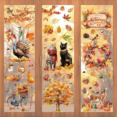 Fensterbilder Herbst Katze Kürbis Ahornblatt Aufkleber