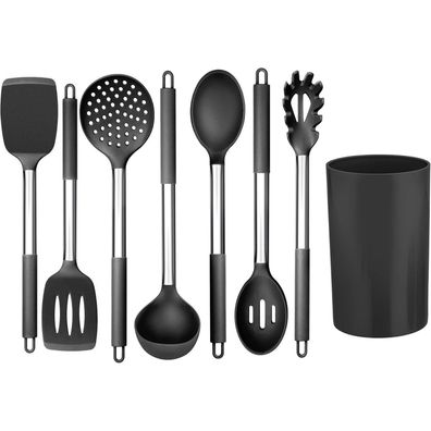 Küchenhelfer 8-teiliges Silikon Set mit Edelstahlgriff - Schwarz