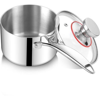Kochtopf 18cm 3-Schicht Edelstahl Stielkasserolle mit Deckel 2,5L Induktion