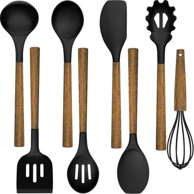 8-teiliges Silikon Küchenhelfer Set mit Holzgriff, Antihaft Hitzebeständig