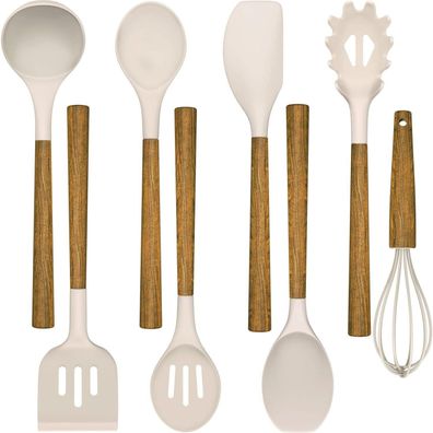 8-teiliges Silikon Küchenhelfer Set Holzgriff Kochlöffel Backen Khaki