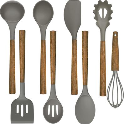 8-teiliges Silikon Küchenhelfer Set mit Holzgriff für Kochen Backen Grau