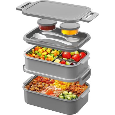 Lunchbox Bento Box 3 Schichten 2130ml Silikondichtring Grau, Mikrowellengeeignet