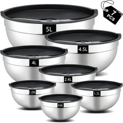 Hunnycook Rührschüssel 7-teilig Set Edelstahl Salatschüssel Deckel Mixing 4.5L