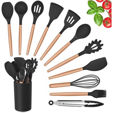 Küchenutensilien Set 12tlg. Silikon Kochbesteck Halter, Hitzebeständig Holzgriff