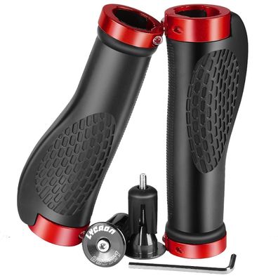 LYCAON Ergonomic Fahrradgriffe 2 Aluminium-Endkappen MTB BMX Mountain Urban Rot