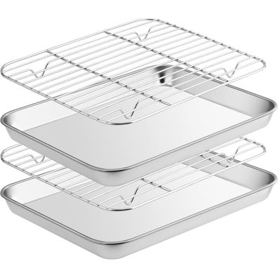Edelstahl Backblech Abkühlgitter Set 26,5x20,5x2,5cm Antihaft Ofenblech mit