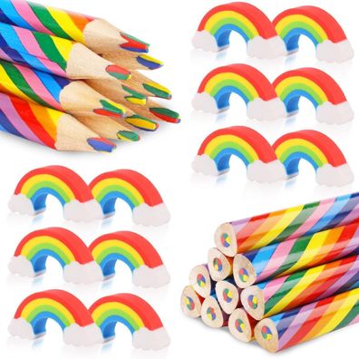 24er Set Regenbogen Buntstifte & Radiergummis für Kinder