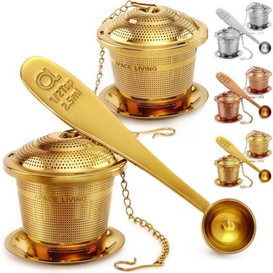 Apace Teesieb Set Edelstahl Tee-Ei Teebrüher Abtropfschale Gold Medium