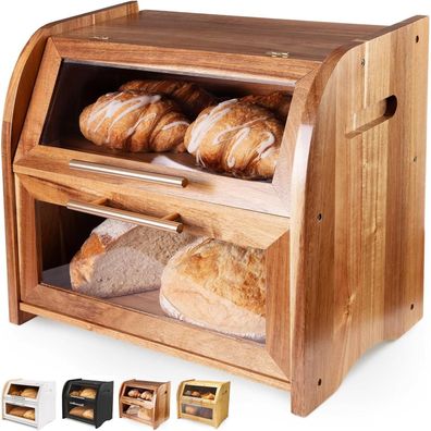 Hochwertiger Akazie Brotkasten mit Belüftung und Sichtfenster, 2 Regale, 40 x 26