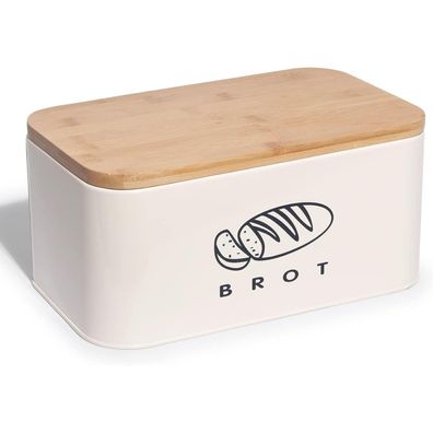 Großer Brotkasten mit Bambusdeckel Metall 30cm Retro Beige