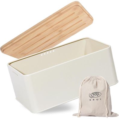 Brotkasten mit Schneidebrett und Holzdeckel, Leinen Brotbeutel, Belüftung, lange