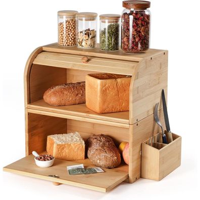 Brotkasten Holz Bambus Rolldeckel Retro Eco Doppellagig 38x25x36cm