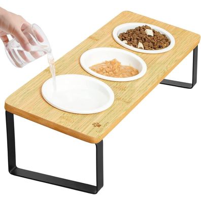 GUUSII HOME Katzen Napf Set Erhöht Keramik Holz Futterstation Ø12cm 3-teilig