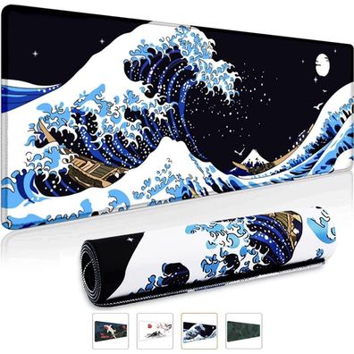 XXL Gaming Mauspad 800x300mm Japan Art Kanagawa Schwarz Wasserdicht Anti-Rutsch