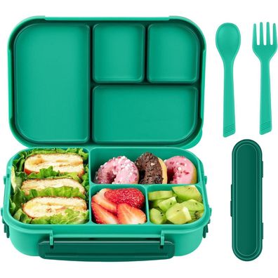 Amathley Brotdose Kinder Bento Box 1200ml 4 Fächer Besteck Grün
