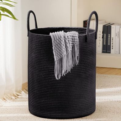 Youdenova Handgeflochtener Wäschekorb Aufbewahrung Griff Baumwolle Schwarz 38cm