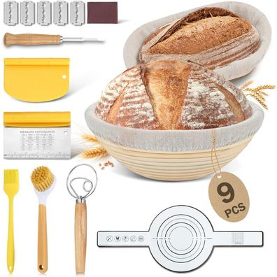 BEWOS 9-teiliges Gärkörbchen Brot Backen Zubehör Set 25 Cm Oval 23 Cm Rund