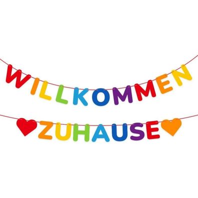 Willkommen Zuhause Banner bunt Herzen Girlande Party Deko 19 Wimpel 3m Juteseil
