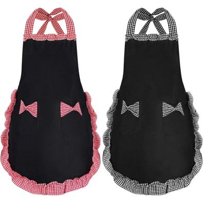 2er Pack Damen Süß Schürzen Schwarz mit 2 Taschen, Wasserdichte Küchenschürzen