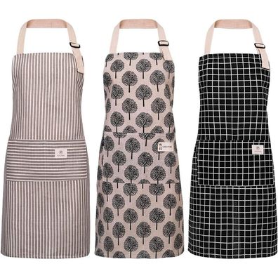 Küchenschürze Set 3-teilig Baumwolle Leinen Wasserdicht Verstellbar Taschen
