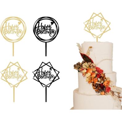 4 Stück Happy Birthday Cake Topper Gold Schwarz 15cm - Tortendeko Girlande