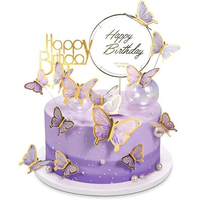 22 Stk. Schmetterlinge Geburtstagstorte Deko Set Lila Gold Topper Kit
