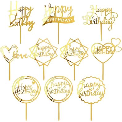 MOGADEE® 10 Stück Goldene Acryl Glitter Happy Birthday Tortendeko Set