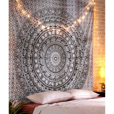 Elefant Mandala Tapisserie Wandbehang Deko Schwarz Weiß 230x213 cm