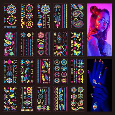 20 Neon Gesichtstattoos, 176 Muster Tattoo Klebetattoos - Schwarzlicht Body