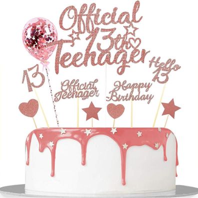Glitzer Deko 13. Geburtstag Mädchen Teenager Cupcake Toppers Roségold