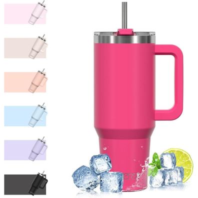 Doppelwandiger Thermobecher 40oz Edelstahl Autobecher Strohhalm Dunkelrosa