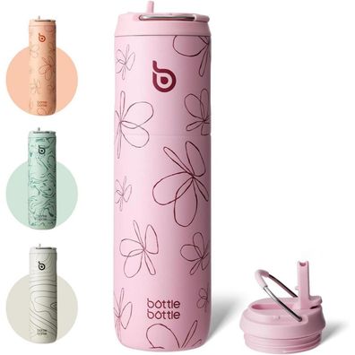 Isolierte Trinkflasche 680 ml mit Strohhalm, Deckel und Griff aus Edelstahl