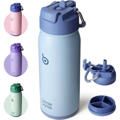 Edelstahl Trinkflasche 16oz Strohhalm Kinder Uni Schule Sport Blau