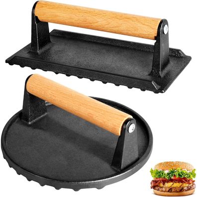 Burgerpresse Gusseisen Antihaft Rund Rechteckig 1kg Burger Pattie Presse