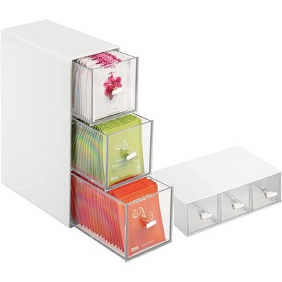 Teebox mit 3 Schubladen Teebeutel Kaffee Zucker Aufbewahrungsbox White