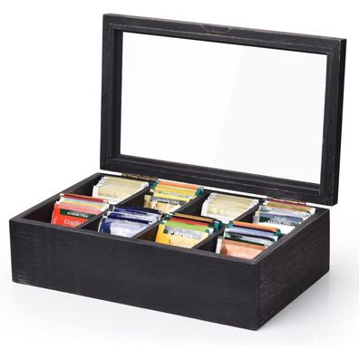 Massivholz Teebox Schwarz 32.5x20x9.7cm Groß Sichtfenster Tea Organiser