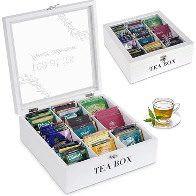 Teebox Weiß Holz Aufbewahrungsbox 9 Trennfächer Teebeutelbox mit Deckel