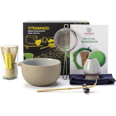 Japanisches Matcha-Tee-Set 7-teilig Bambus & Keramik Dunkelgrau
