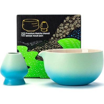 Teanagoo Matcha-Schüssel Keramik Schneebesenhalter 530 ml blau-weißer