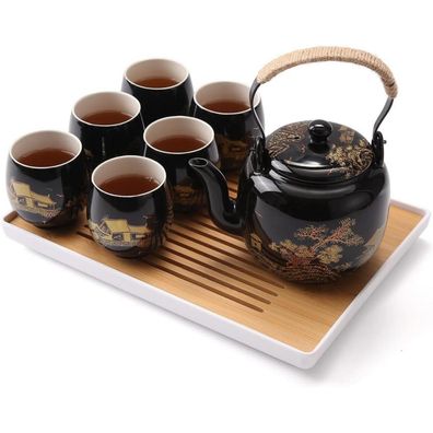DUJUST Japanisches Teeservice Porzellan Chinesisches Teeset Kanne Tassen Schwarz