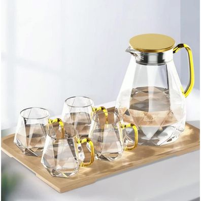 DUJUST Glaskaraffe 2 Liter mit Deckel, 4 Tassen, 1 Tablett, Modernes Schwarz
