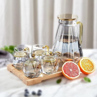 DUJUST Glaskrug 2 Liter Schwarz Diamant Design mit 4 Tassen & Tablett